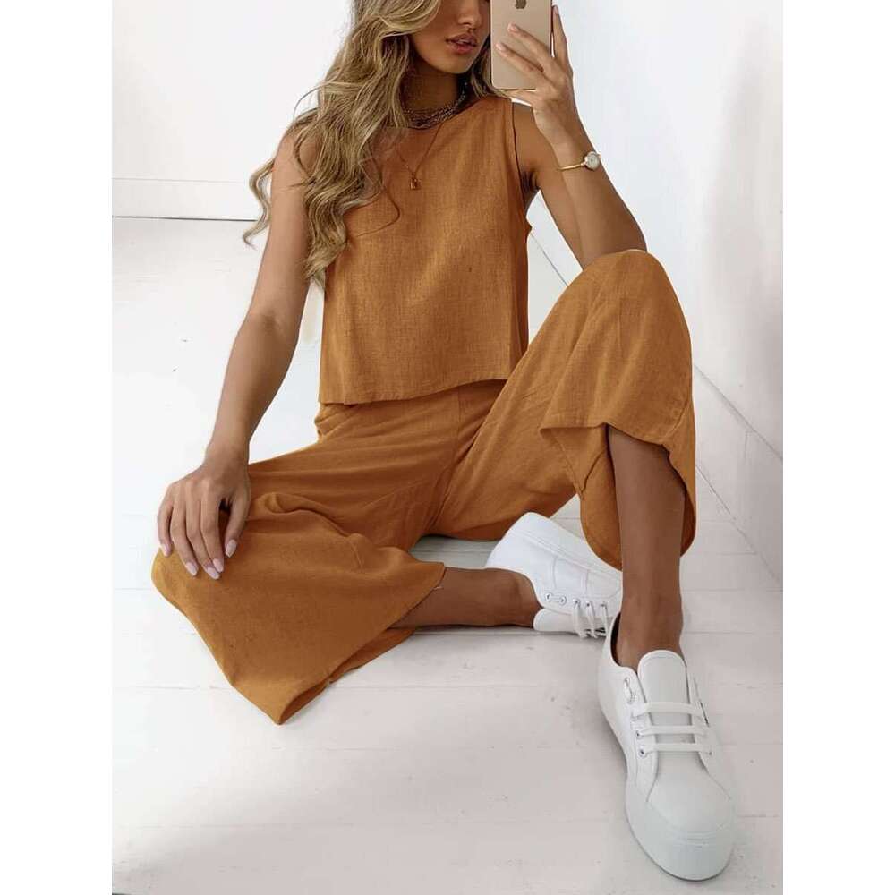 2025 New Cotton Linen Women's Summer Casual Sleeveless Top Wide-leg Pants Two-piece Set