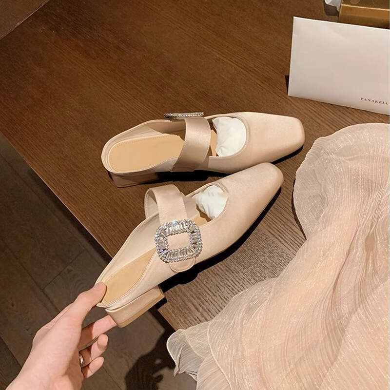 Grape Mom Summer New Style Sparkling Rhinestone Buckle Small Square Toe Wide Strap Commuter Versatile Low Heel Elegant Half Mules for Women