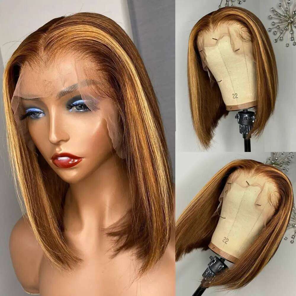Short Highlight 4/30 350 Ginger Bob Colored Front Human Hair Wigs For Women 13x4 Bone Straight Lace Frontal Wig