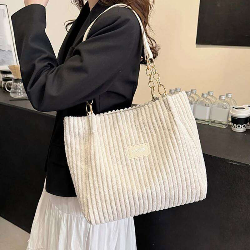 Fashion Corduroy Tote Solid Color Shoulder Bag, Women's Casual Handbag For Commute Work