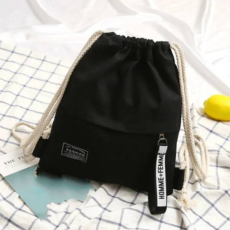 1 Pc Canvas School Bag Double Shoulder Drawstring Pocket Portable Casual Women Men Travel Backpack