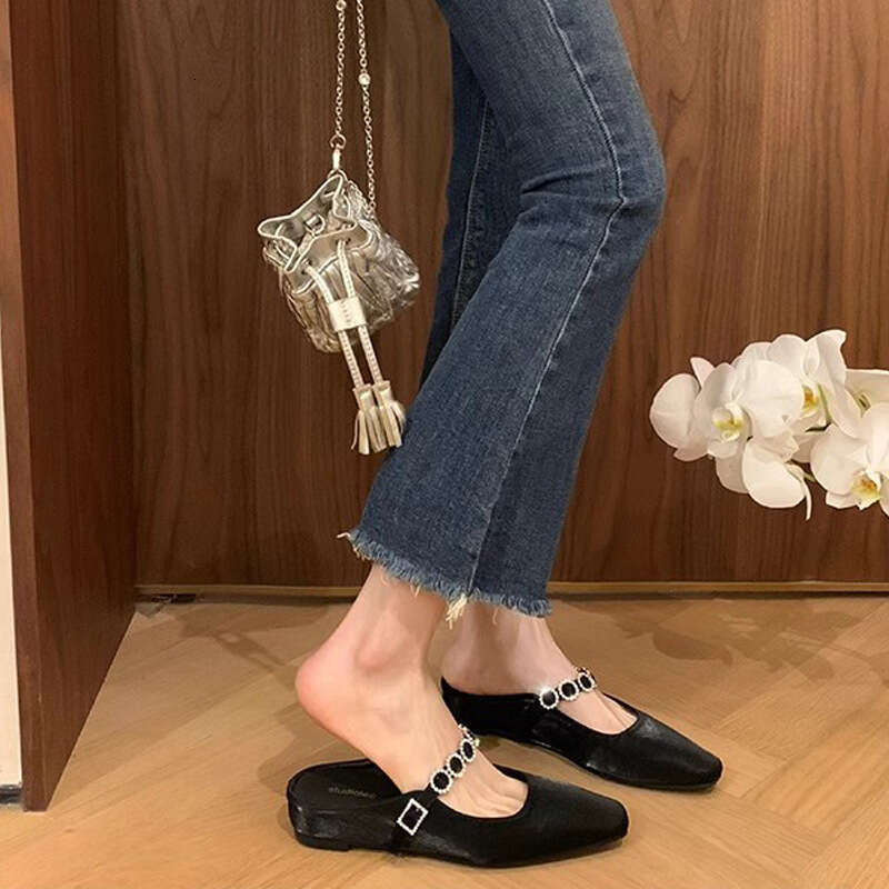 Grape Mom Summer New 4cm Hidden Heel French Square Toe Strap Shallow Mouth Versatile Mules for Women