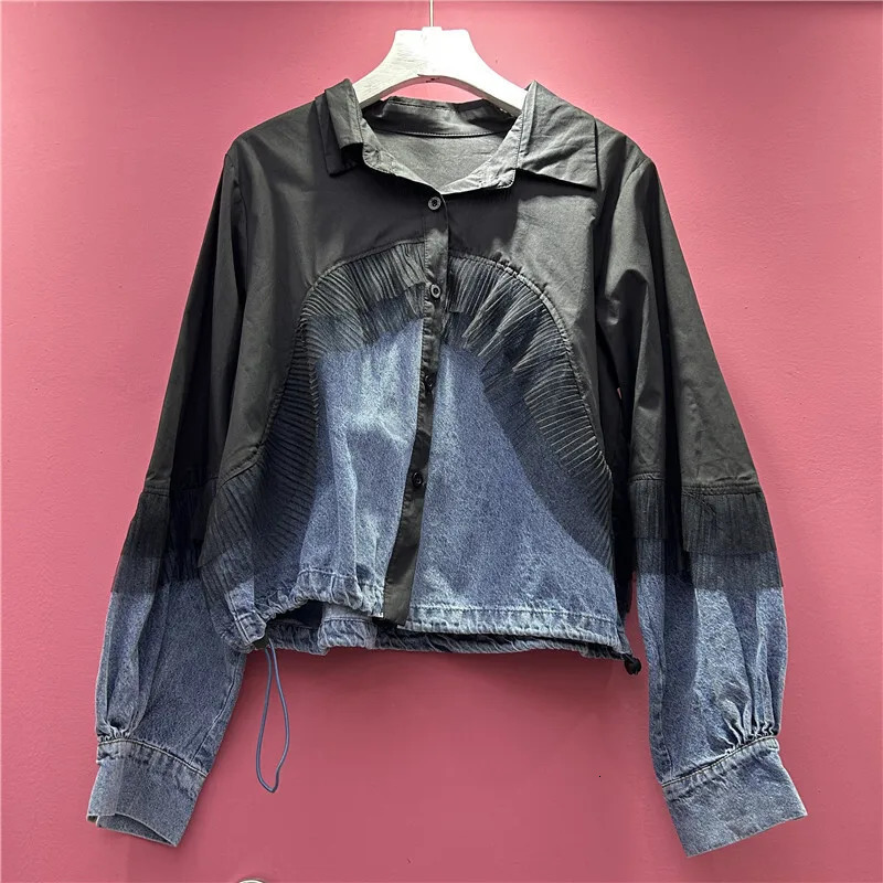 DEAT Womens Shirt Loose Patchwork Denim Drawstring Single Breasted Long Sleeve Casual Blouse Summer 2025 Fashion 29A760 250523