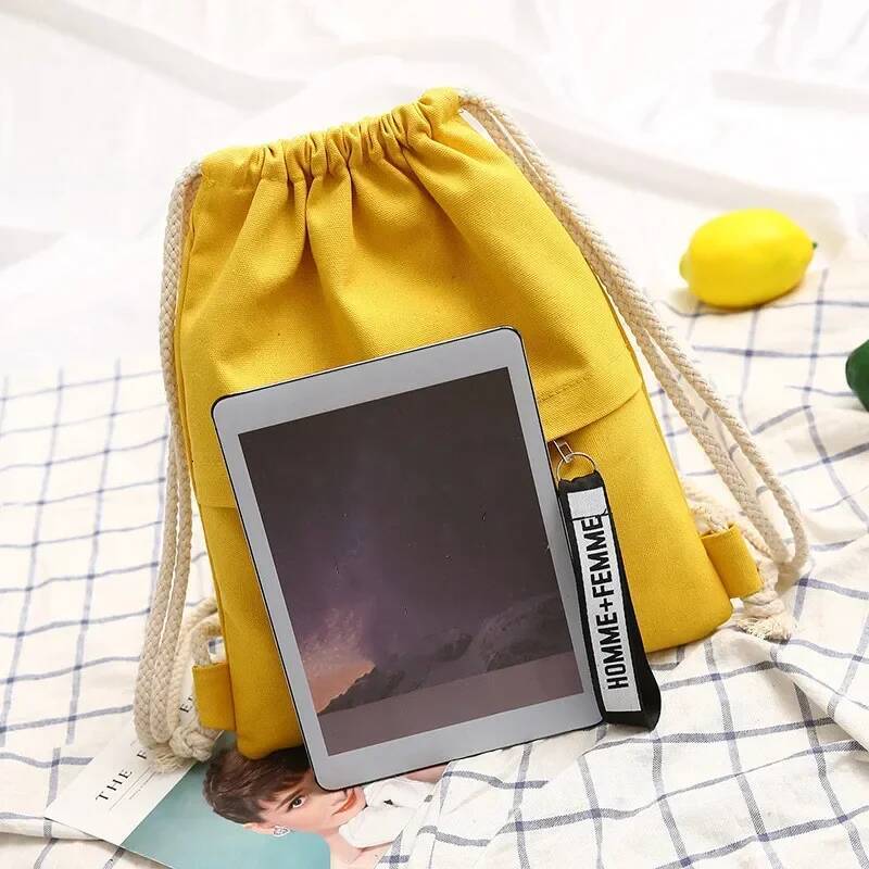 1 Pc Canvas School Bag Double Shoulder Drawstring Pocket Portable Casual Women Men Travel Backpack