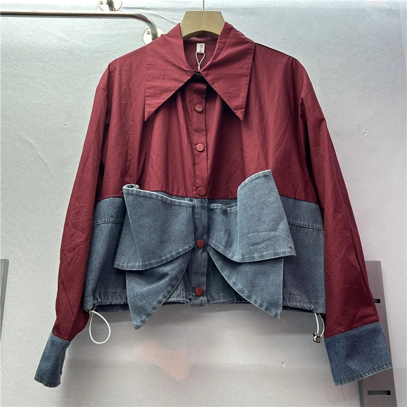 DEAT Womens Shirt Loose Patchwork Denim 3d Bow Single Breasted Drawstring Short Loose Blouse Summer 2025 Fashion 29L9126 250523