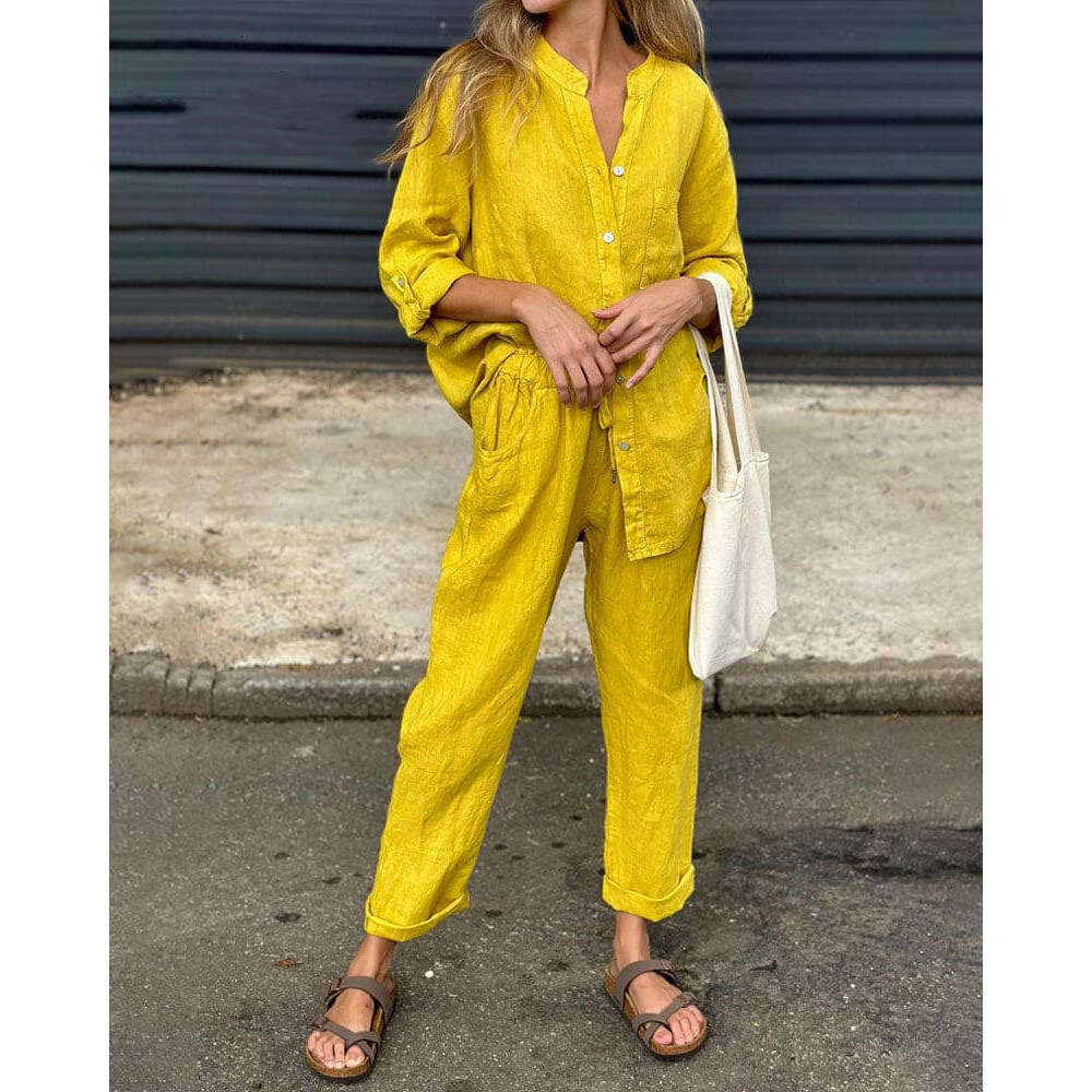 2025 Summer New Women's 2-Piece Set Plus Size Cotton Linen Shirt Suit High Waist Loose Long Pants