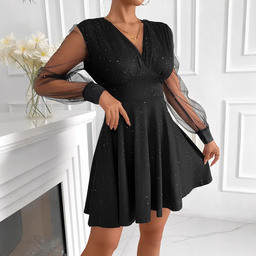 Dress female sexy slim fit mesh long sleeved sequined short skirt