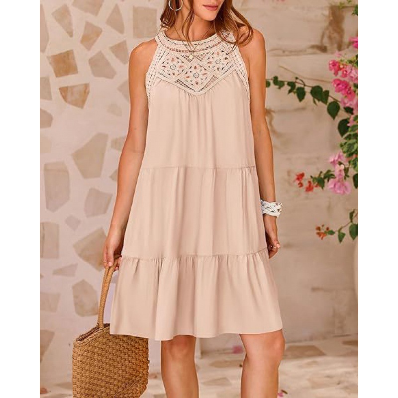 Explosive hollowed out lace patchwork hanging neck A-line dress