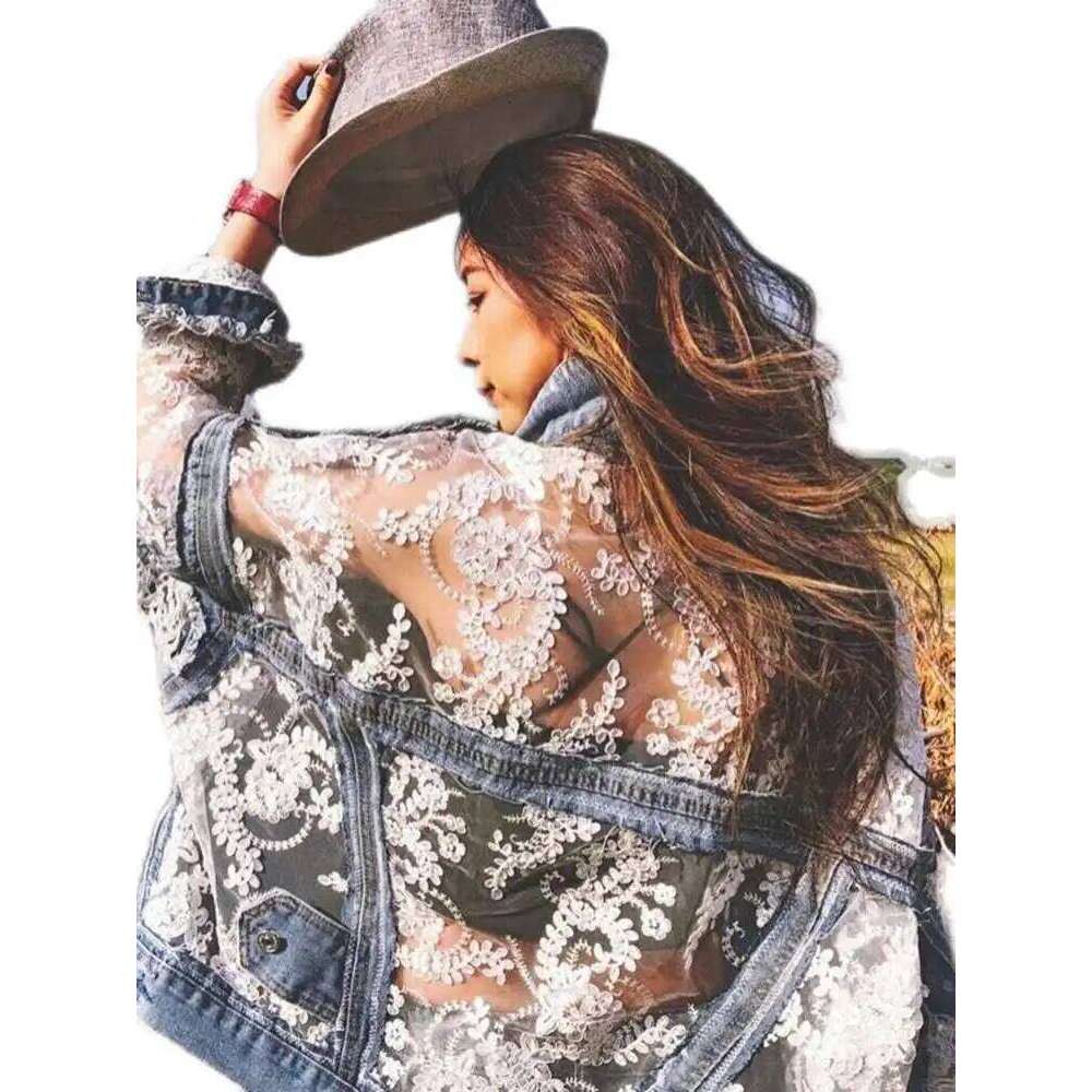XFPV Women Sweet 3D Flower Embroidered Lace Spliced Loose Short Denim Sunscreen Coat Y2k Korean Fashion Tide Summer 2025 Sm11222