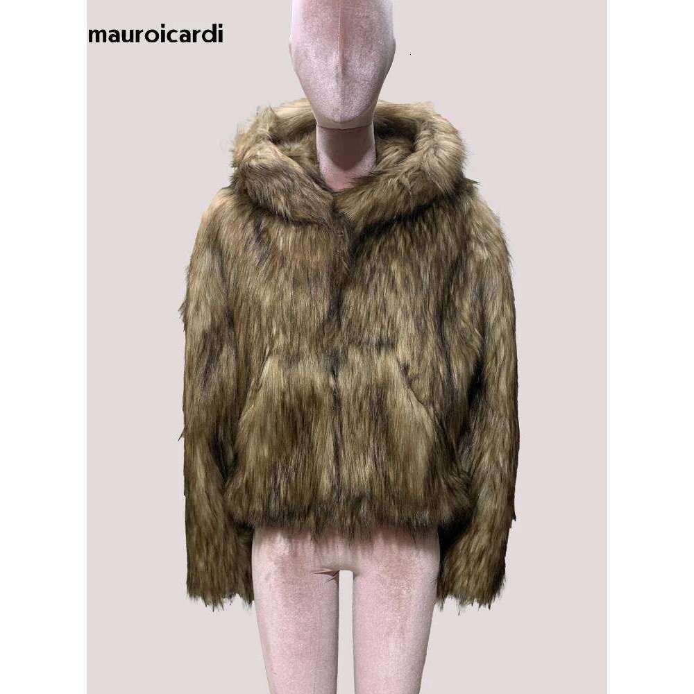 Mauroicardi Spring Winter Short Thick Warm Hairy Shaggy Faux Fox Fur Coat Women with Hood Designer Clothes Fluffy Jacket