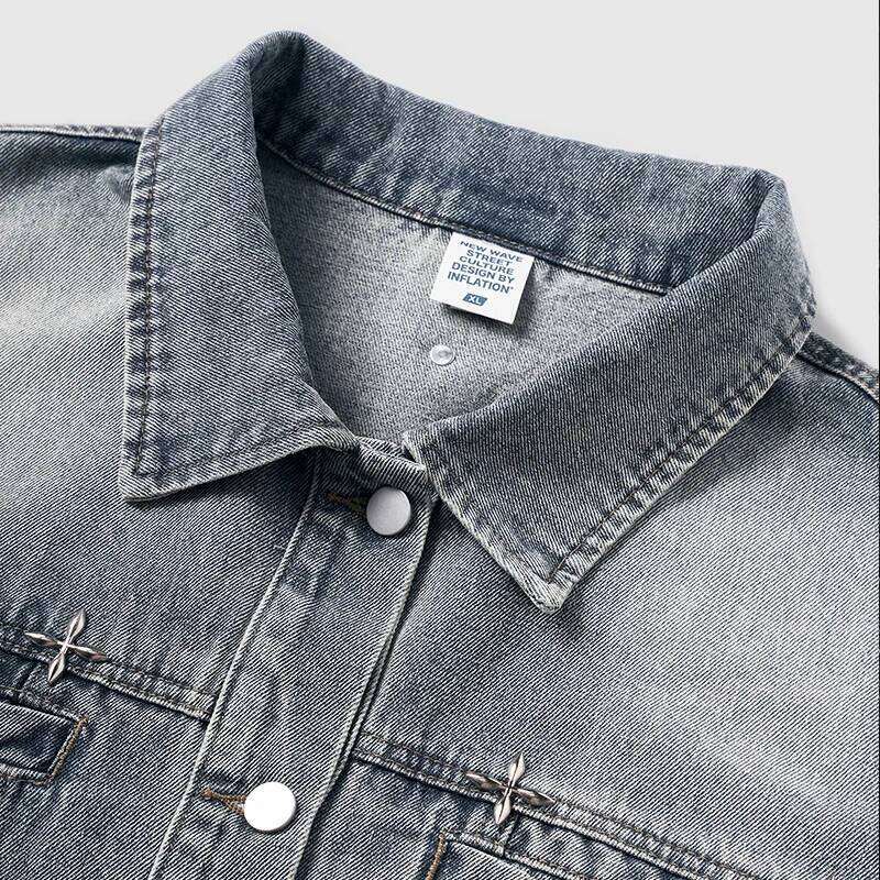 IATION Men's Vintage Washed Denim Jacket Unisex American Loose Fit Casual Outerwear With Stud Design Coat