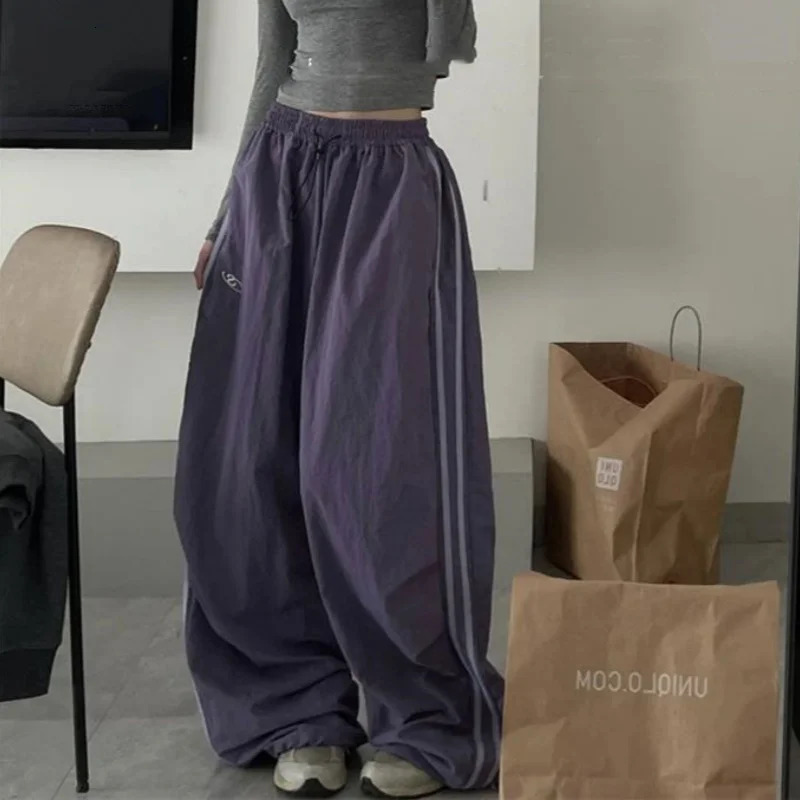 Retro SweatPant Oversized Baggy Pants Fashion Women Striped Elastic Waist Pocket Wide Leg Pant Streetwear Vintage Y2K Trousers 250526