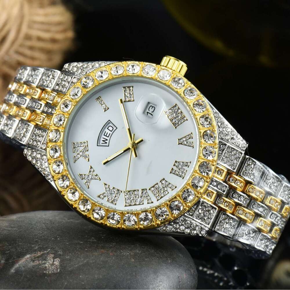 New Men's with Full Diamond Decoration, High Brand Name, Smart Dual Calendar, Waterproof Quartz Watch