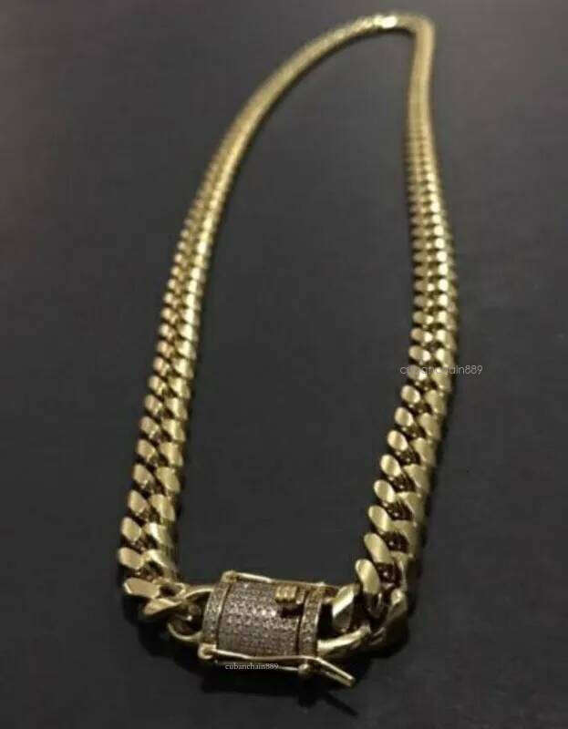 Moissanite Mens Gold Tone 316L Stainless Steel Necklace Cuban Link Chain with Dias Clasp Lock