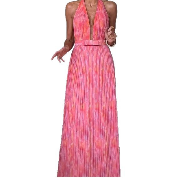 Summer new vacation style women's sexy deep V-lace up backless dress