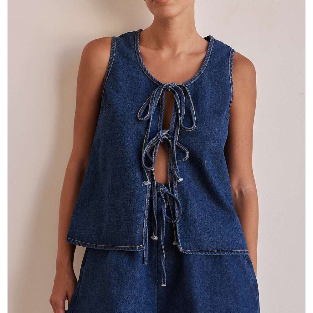 Summer Fashion Casual Sleeveless Tie Waist Women's Vest Denim Shorts Set