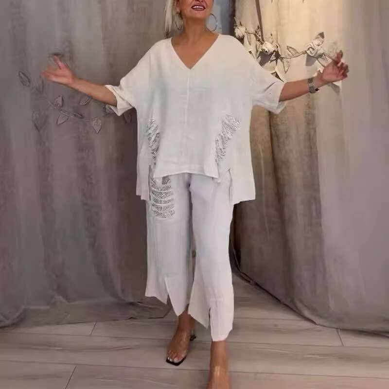 2025 Summer_Women's Casual Cotton Linen V-neck Top with Distressed Sequins Irregular Set