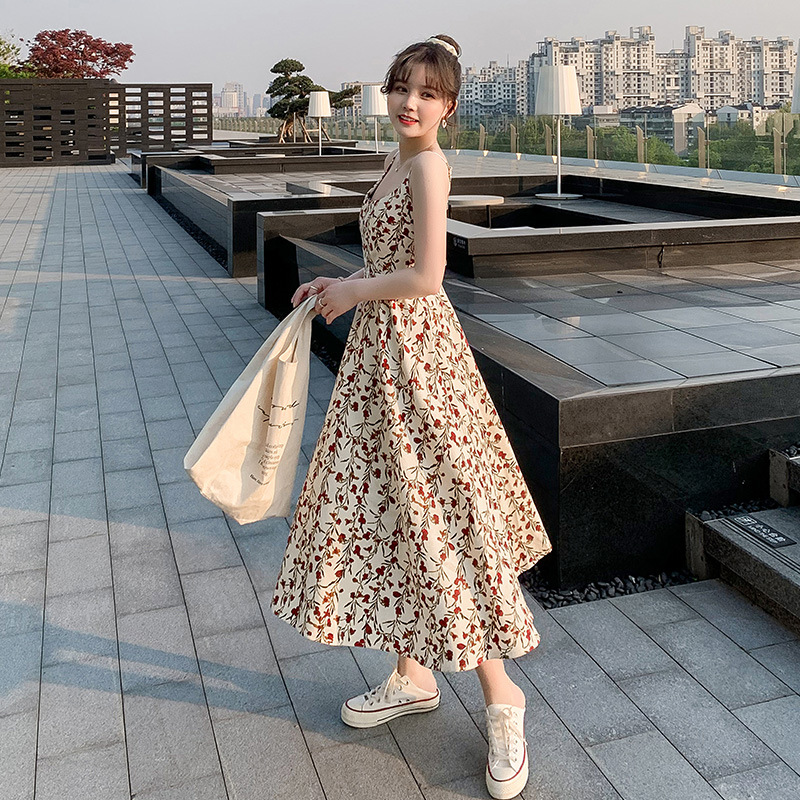 Floral camisole dress for women, cinched waist for slimming in summer, fresh and fresh new style long skirt for women