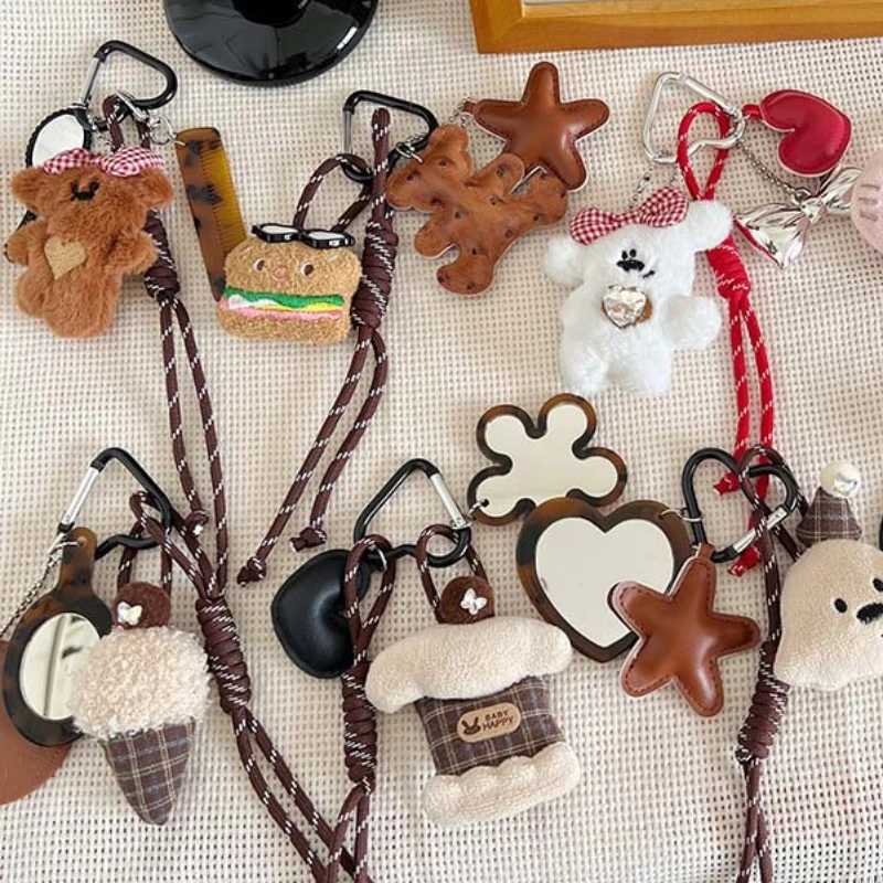 Cartoon Plush Bear Mirror Comb Keychains For Women Y2k Bag Pendant Couple Car Key Chains Jewelry Gift Decoration Accessories W250526