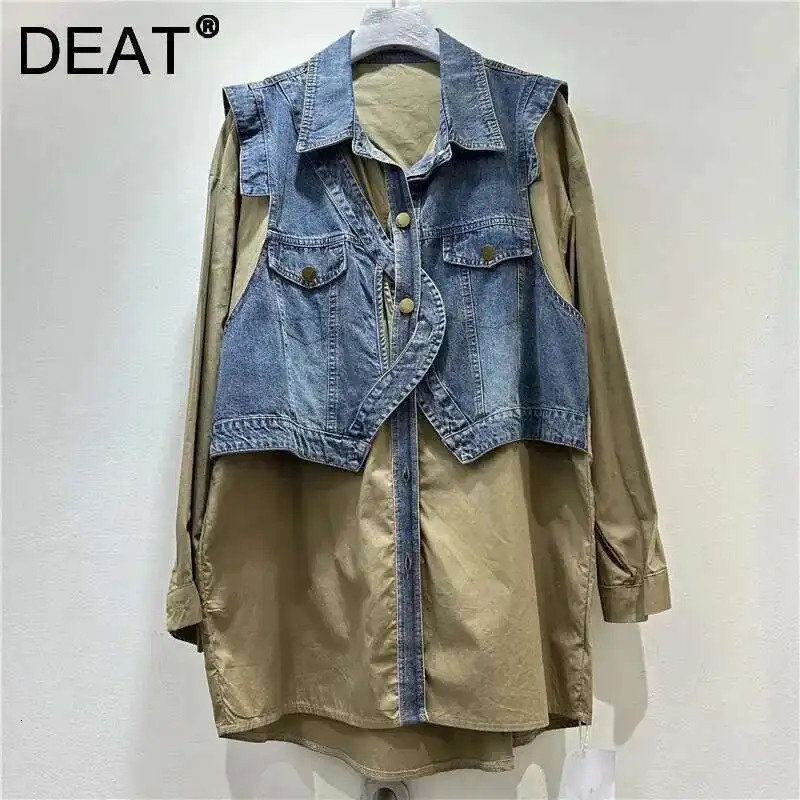 DEAT 2025 Spring Fashion Fake Two Piece Denim Patchwork Single Breasted Blouse For Women Lapel Trendy Shirts Female 29L9481 250523