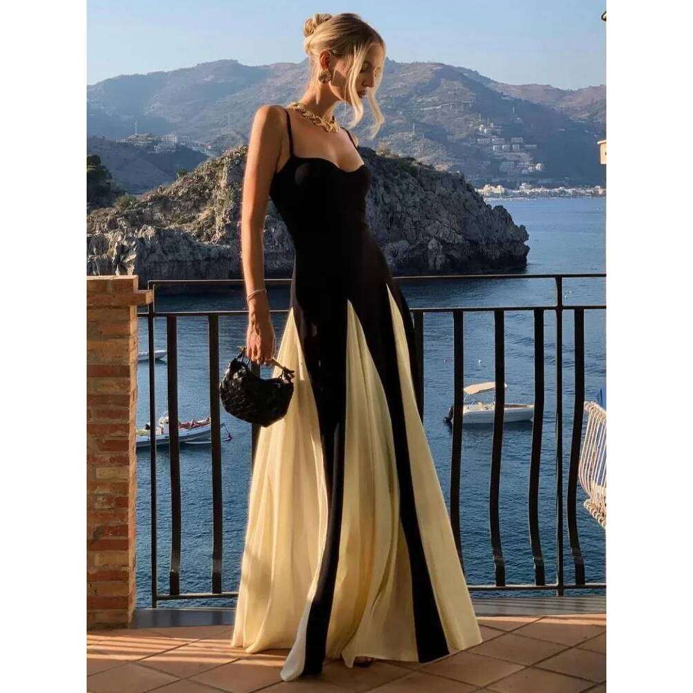 Fashion Contrast Women's V-neck Sling Long Dress For Women Elegant Pleated Backless Sleveless Maxi Dresses Lady Evening Vestidos