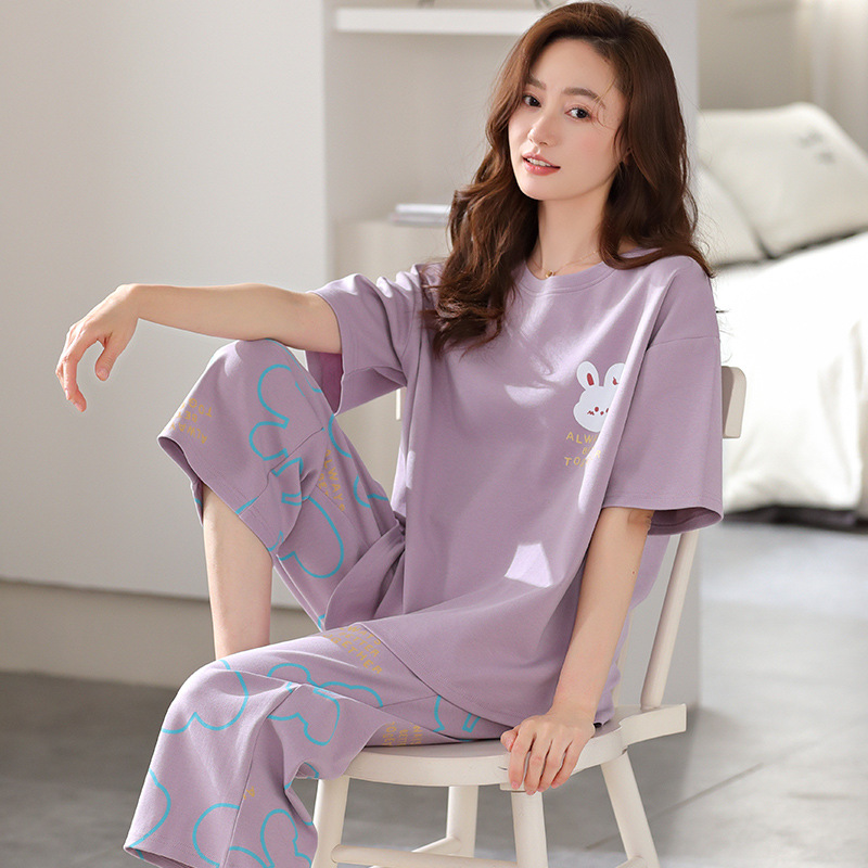 B901-Pajamas women's summer pure cotton short-sleeved shorts summer large size can be worn outside home clothes suit
