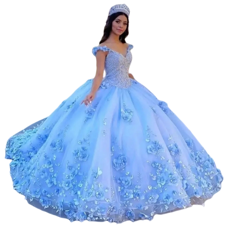 3D Floral Appliques Sweet 15 Quinceanera Dress Ball Gown Off The Shoulder Luxury Party Dresses Light Sky Blue Elegant Flower Formal Prom Dress