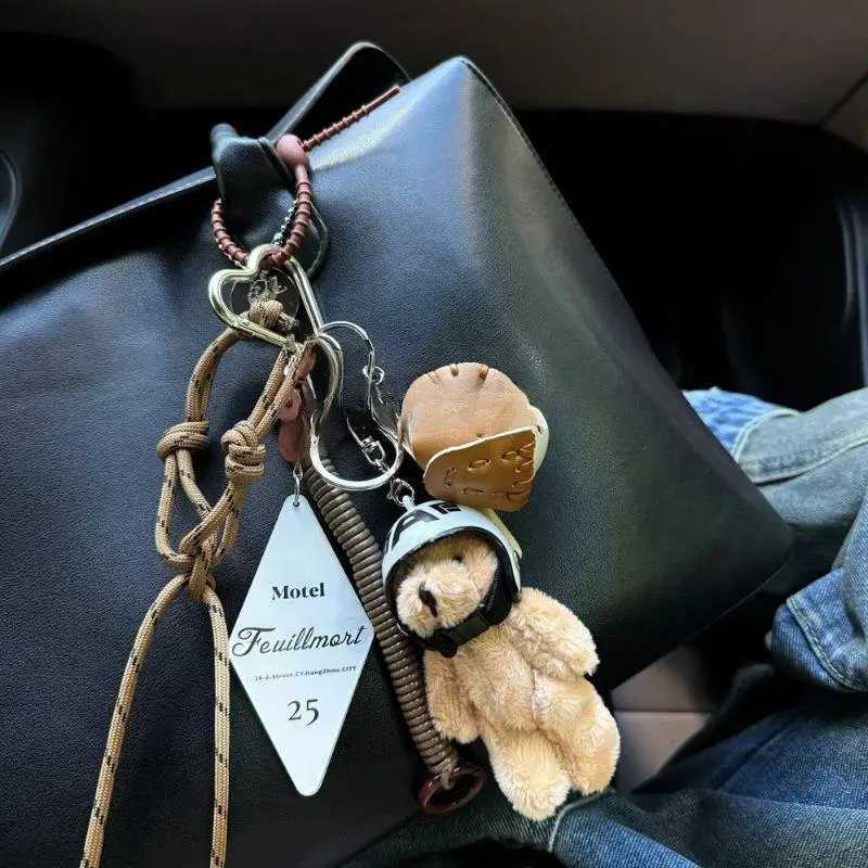 Trendy Cute Motorcycle Helmet Bear Doll Couple Keychain Pendant Plush Bear Toy Car Keyring Backpack Decoration Bag Charm Jewelry W250526