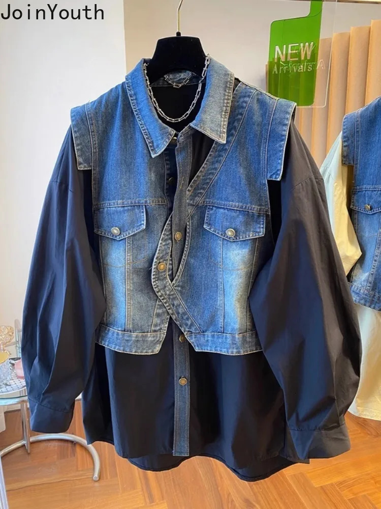 Fashion Blouse for Women Patchwork Denim Fake Two Shirts 2025 Blusas Mujer De Moda Casual Fashion Korean Oversized Y2k Tops 250523