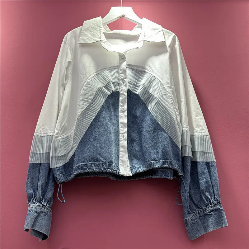 DEAT Womens Shirt Loose Patchwork Denim Drawstring Single Breasted Long Sleeve Casual Blouse Summer 2025 Fashion 29A760 250523