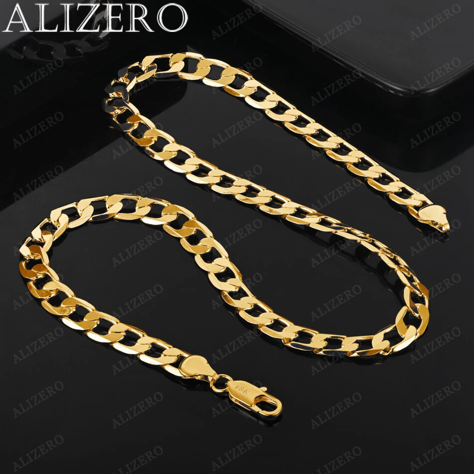 ALIZERO 18K Gold 8mm Flat Side Chain Necklaces 20/24 Inches Man Women Fine Jewelry Wholesale Personality Trend Hip Hop Necklace 250526