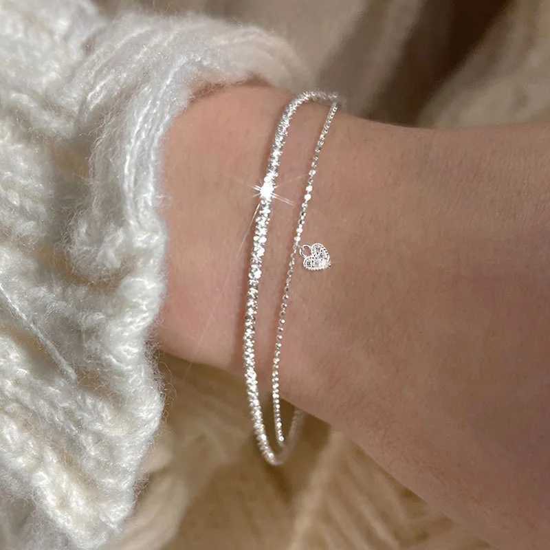 Sparkling Bracelet For Women Double-deck Silver Color Adjustable Hand Chain Fine Fashion Jewelry Wedding Party Gift Accessories W250526