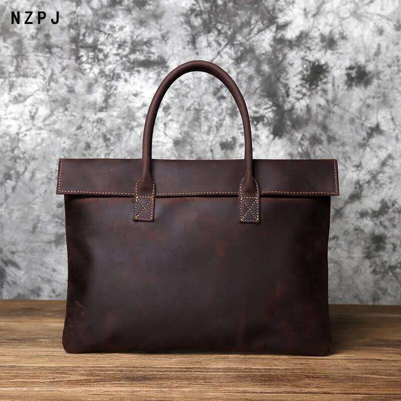 NZPJ Retro Men's Briefcase Leather Casual Handbagtop Layer Cowhide Business Tablet Bag Thin Clutch For 16-Inch Laptop