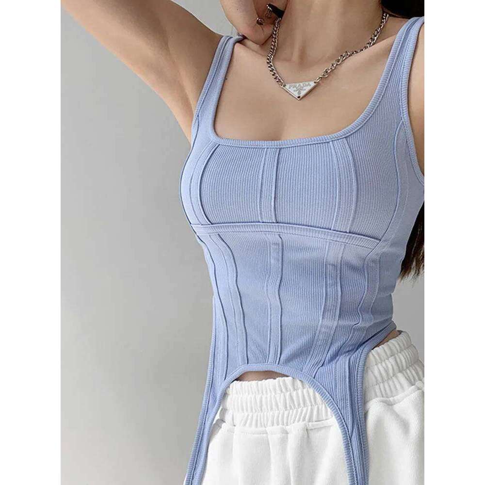 Fishbone Thread Safari Style Vest Irregular Hook Bottomed Shirt For Women Square Neck Sexy Sleeveless Sort Tops