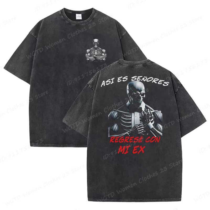 Calacas Chidas Gym Washed T-Shirts Mens Trendy Cool Skeleton Gym Print Oversized T-shirt Summer Tees Streetwear Casual Tops Z250527