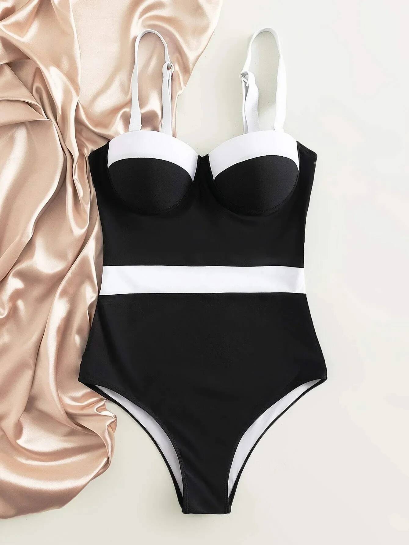Sexy Push Up One Piece Swimsuit Colorblock Swimwear Women Underwire Bodysuit Female Bathing New Swimming Suit