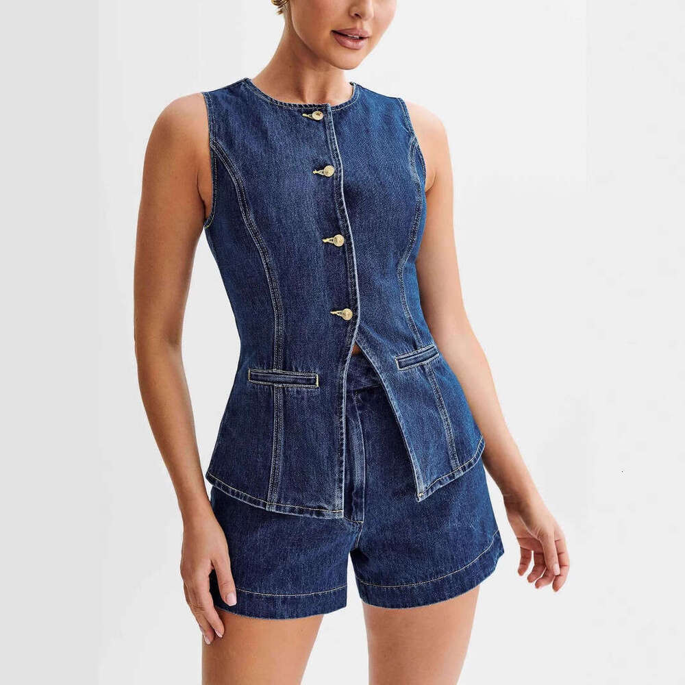 2025 Spring/Summer Fashion Casual Sleeveless High-Waisted Denim Set Women's Wear