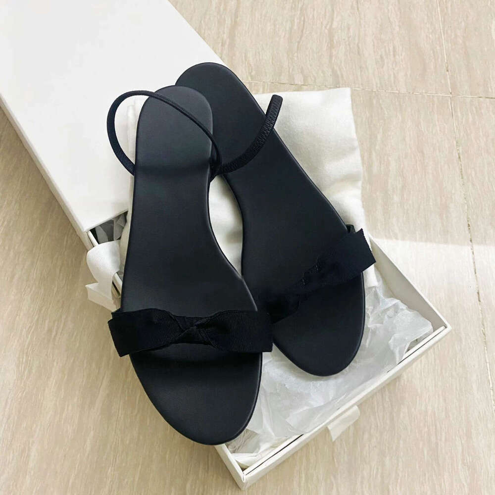 ~ji Simple Bowknot Genuine Leather Flat for Women Summer Outdoor French Style Open Toe Soft Sole Sandals