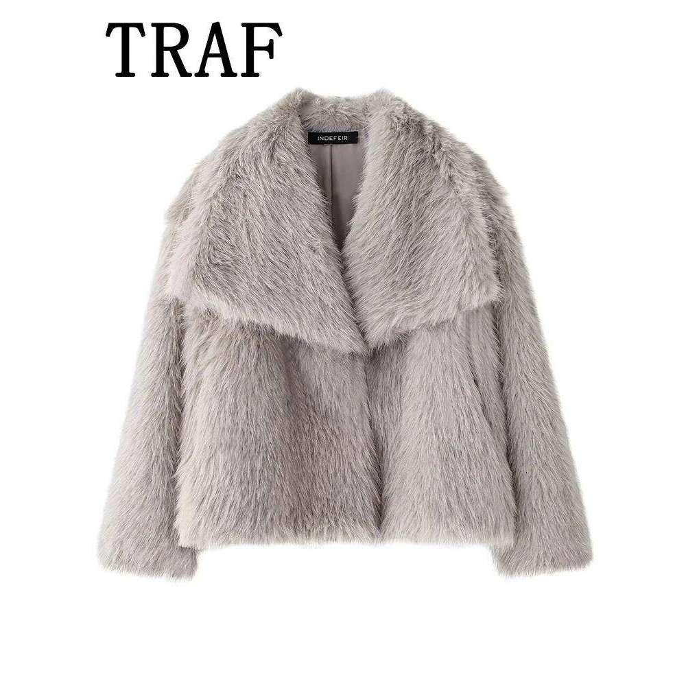 TRAF Faux Fur Cropped Jackets For Women Coats Thick Warm Soft Jacket Woman 2024 Long Sleeve Casual Winter Coat In New Outerwear