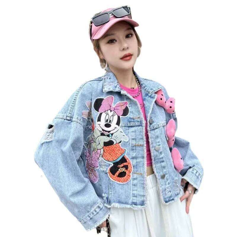 Sweet Bowknot Loose Short Denim Coat 2024 Spring Autumn Fashion Brand Heavy Industry Cartoon Beaded Sequins Jackets For Women