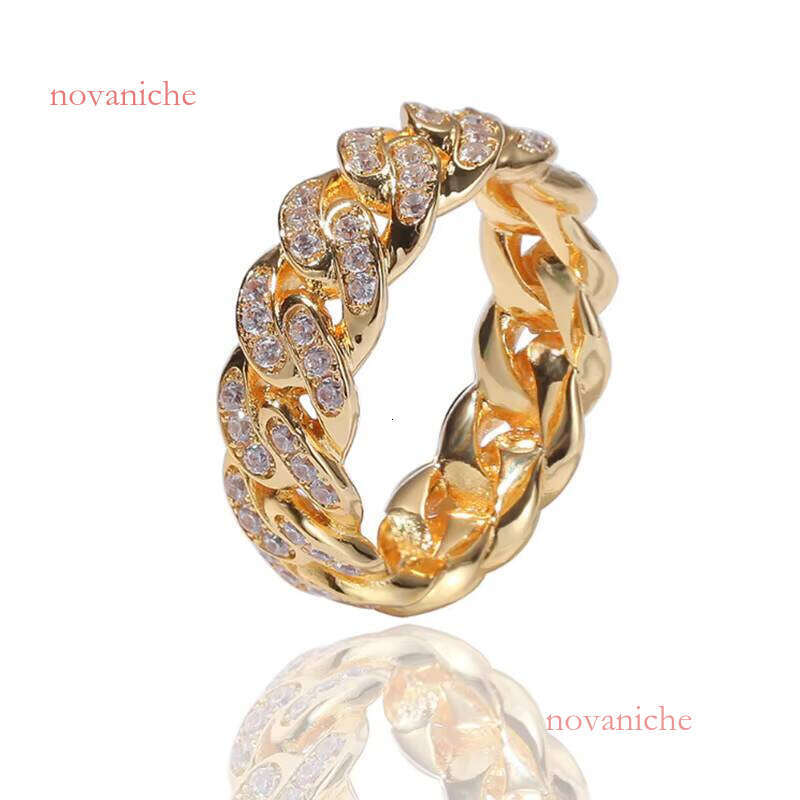 Cuban Link 8mm Full Woman Men Ring Bling Iced Out Cubic Zircon Hip Hop Punk Charm Jewelry for Gift