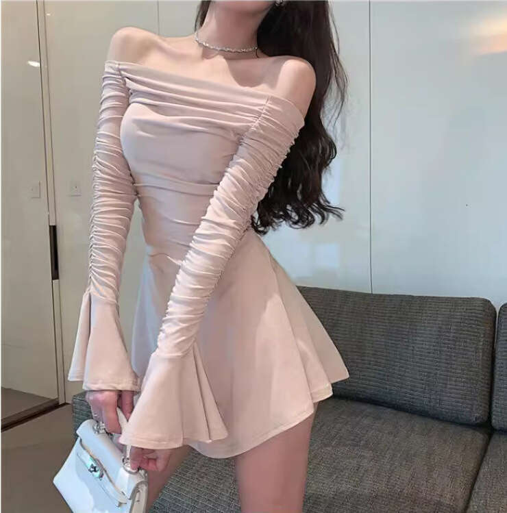 Spring and Autumn New Pure Desire Style Women's Spicy Off-Shoulder Ruched Slimming Flared Long Sleeve A-Line Dress