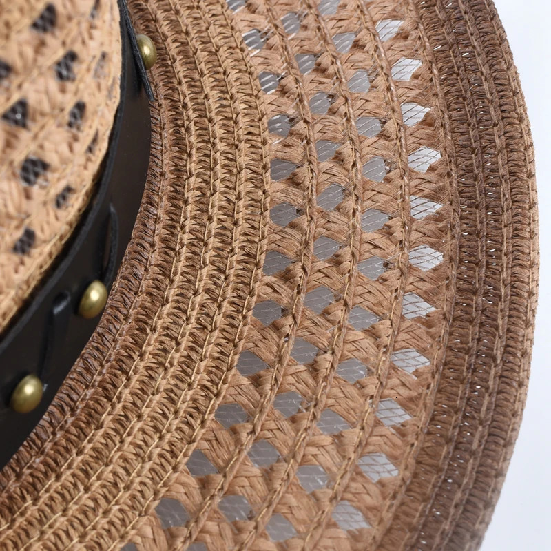 Straw Western Cowboy Hat for Women Men Summer Hollow Out Beach Sun Hats 250526