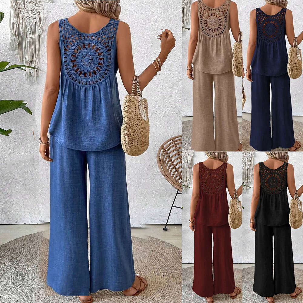 2025 New Summer Sleeveless Solid Color Backless Lace Trim Set Women's Fashion