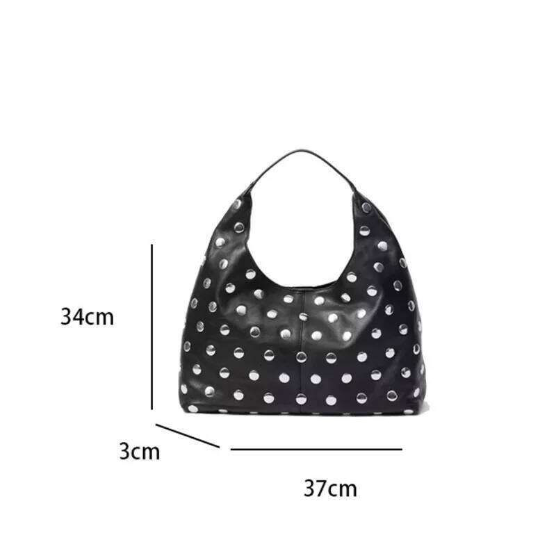 Women's Bags Designer Black Motorcycle Style Hobo Retro Oil Underarm Casual Leather Bucket Storage Personal Rivet Bag