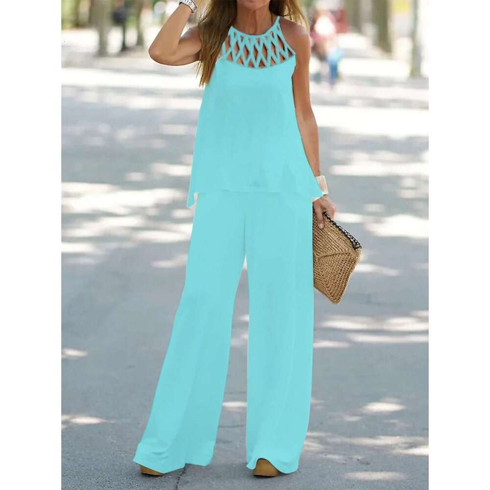 ON01232 2025 Autumn Spring New Women's Fashion Casual Solid Color Grid Round Neck Sleeveless Long Pants Two-Piece Set
