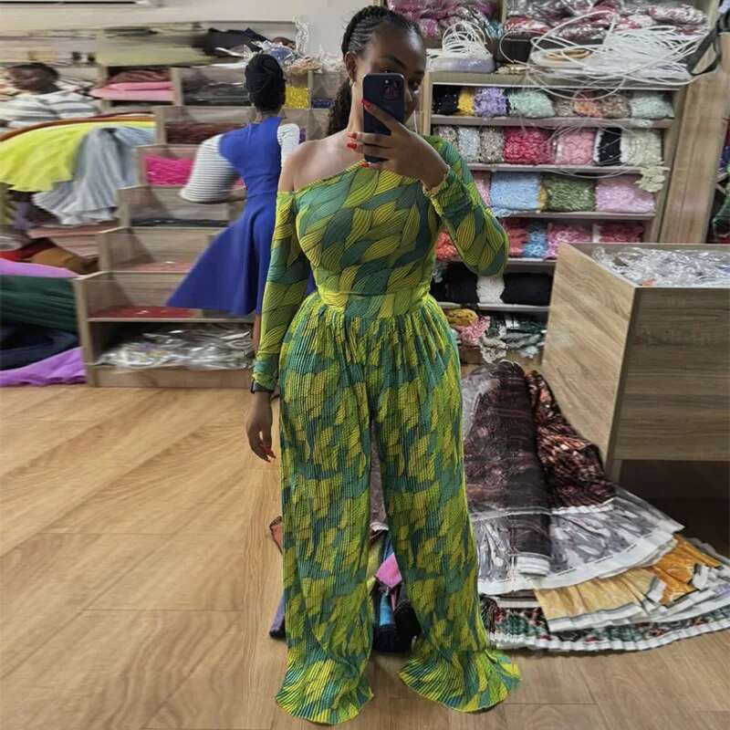 2025 Fashion Women's Set Long Sleeve Skew Neck Tops And Pleated Wide Leg Pants Suit Two 2 Piece Sets Street Outfits