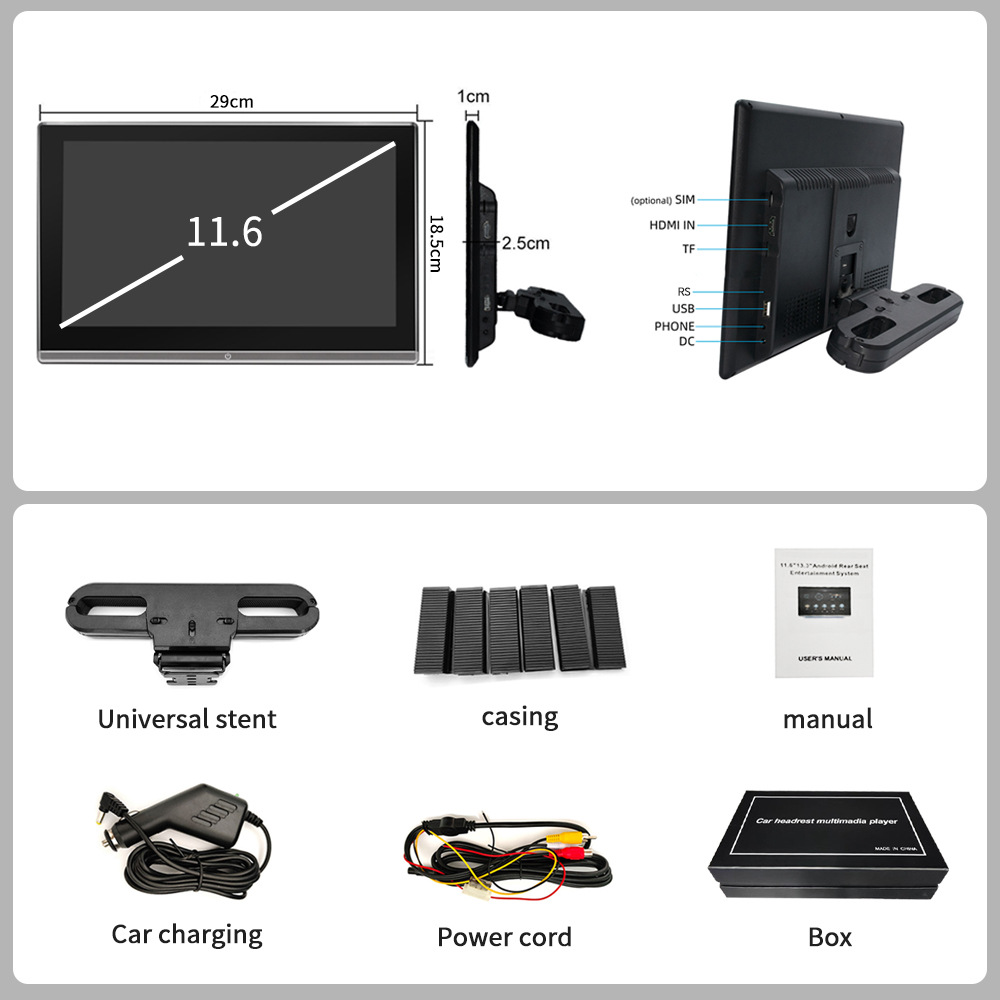 11.6 Inch 4K Headrest Player Mirror Link, HDMI, Sd Card, Headphone Jack, Portable Car Video WiFi Touch Screen with Bluetooth, FM and 2G+32G