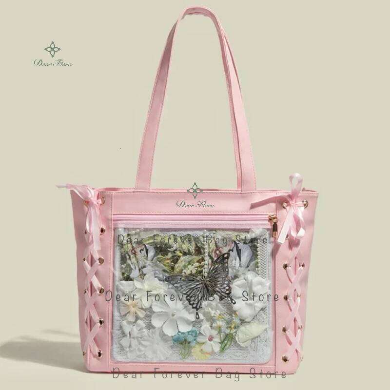 Y2k Japanese Style Ita Women Large Capacity Tote Fashion Girls Transparent Shoulder Bag Cute PU Ribbon Bow Handbag Purse