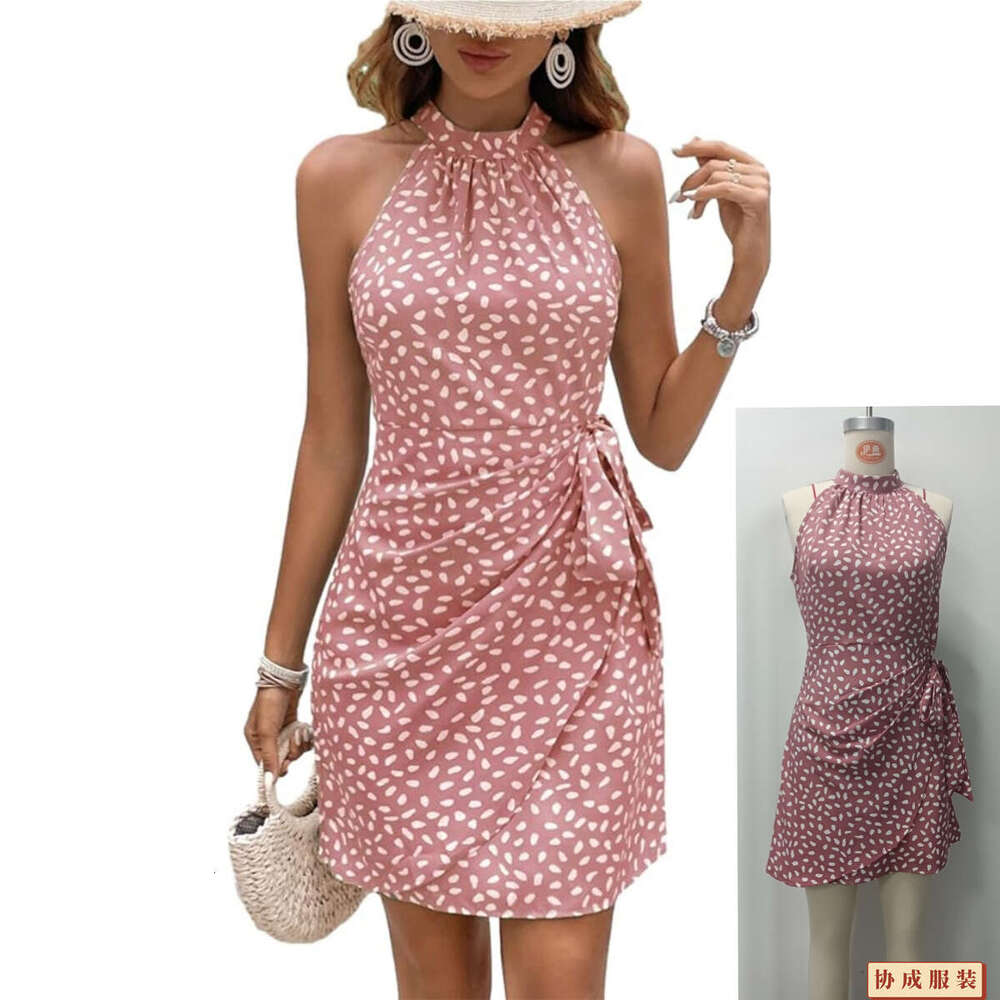 2025 Tie Polka Dot Ruched Sleeveless Waist-Cinching Halter Dress